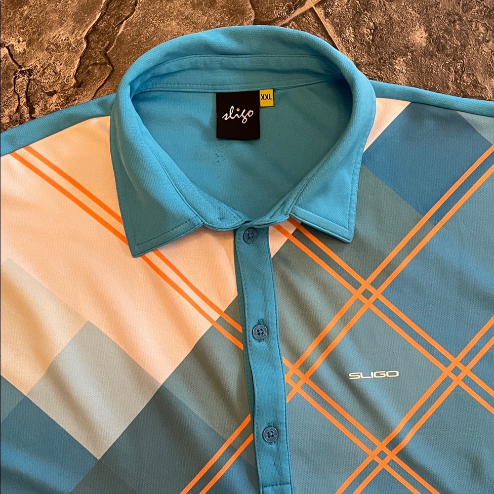 SLIGO Men’s Aqua Orange White Geometric Argyle Preppy Sporty Polo Golf Shirt XXL